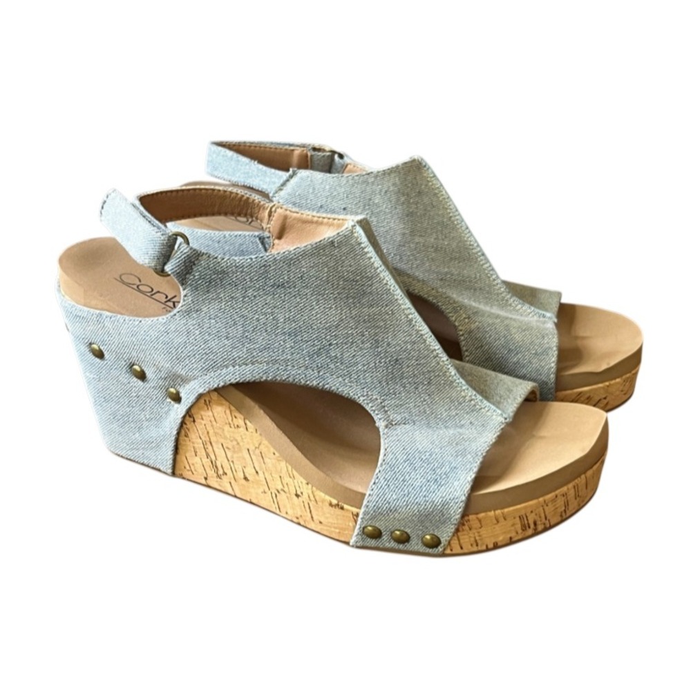CORKYS Tiffanee Platform Sandals CORK WEDGE Light Blue Denim Studded SIZE 9